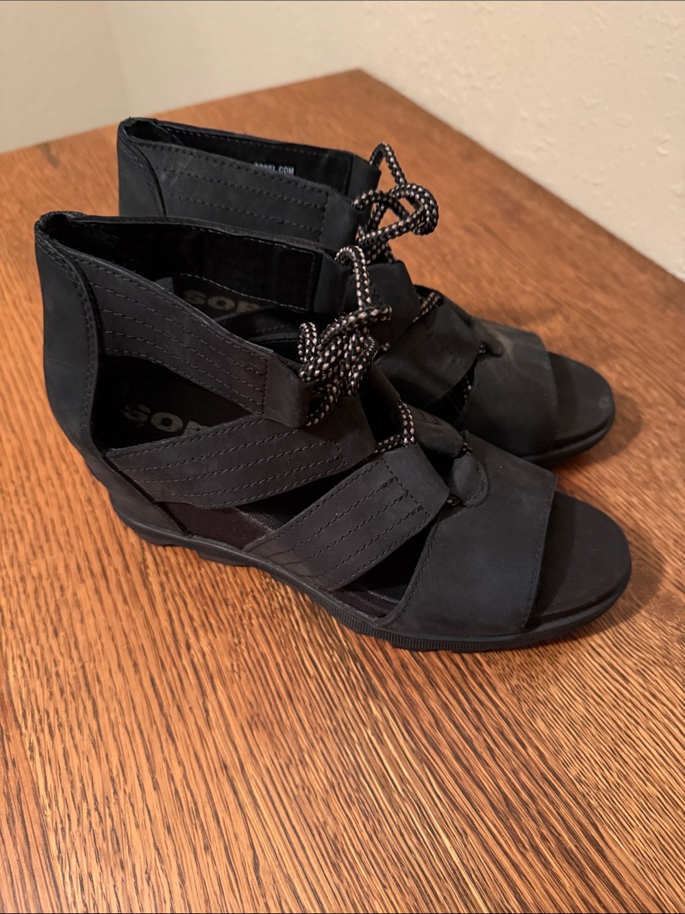 Sorel Black Strappy Lace-Up Wedge Sandals
